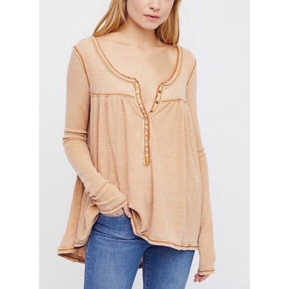 Free People Kai Thermal Waffle Knit Henley Top Womens Small Tan Relaxed Fit - Picture 9 of 11